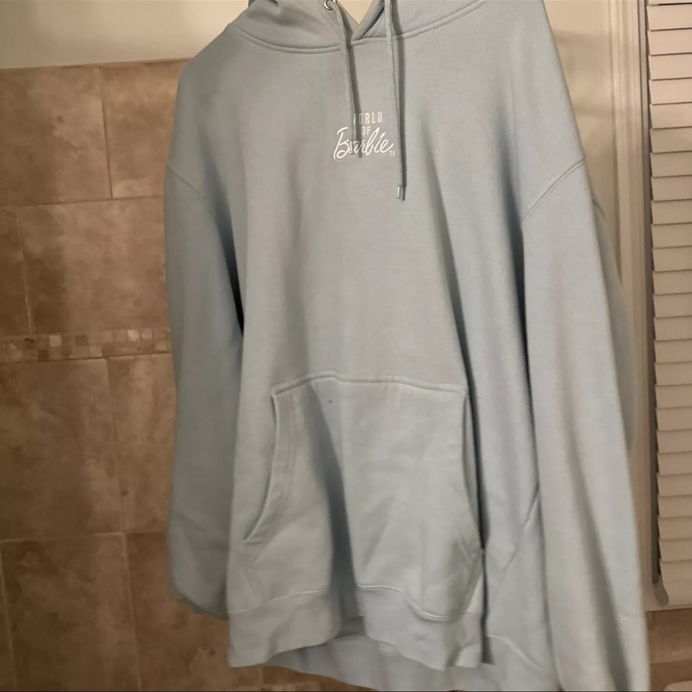 World of Barbie Womens Sweatshirt Medium Blue Hoodie Embroidery Pullover Pocket